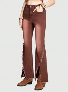 ROMWE Hippie 女士磨邊開叉喇叭牛仔褲 - 咖啡棕 - 查看 2