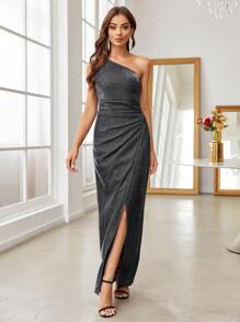 SHEIN Belle Một bờ vai Wrapped Kim sa Hem Đầm dự tiệc Cocktail - màu đen - Xem 1