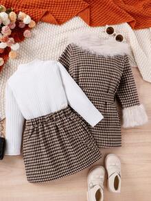 SHEIN Little Girls' Houndstooth Stand Collar Patchwork Dress And Coat Jacket Two Piece Set - Khaki - View 2