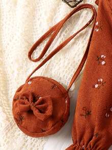 SHEIN Nhỏ bé Cô gái In hoa Đầm Với Ren Chi tiết Và Phù hợp Cái túi Đã Bao gồm - Cà phê - Xem 6