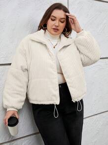 SHEIN Essnce 女式加大码白色保暖冬季棉服外套 - 杏色 - 查看 2