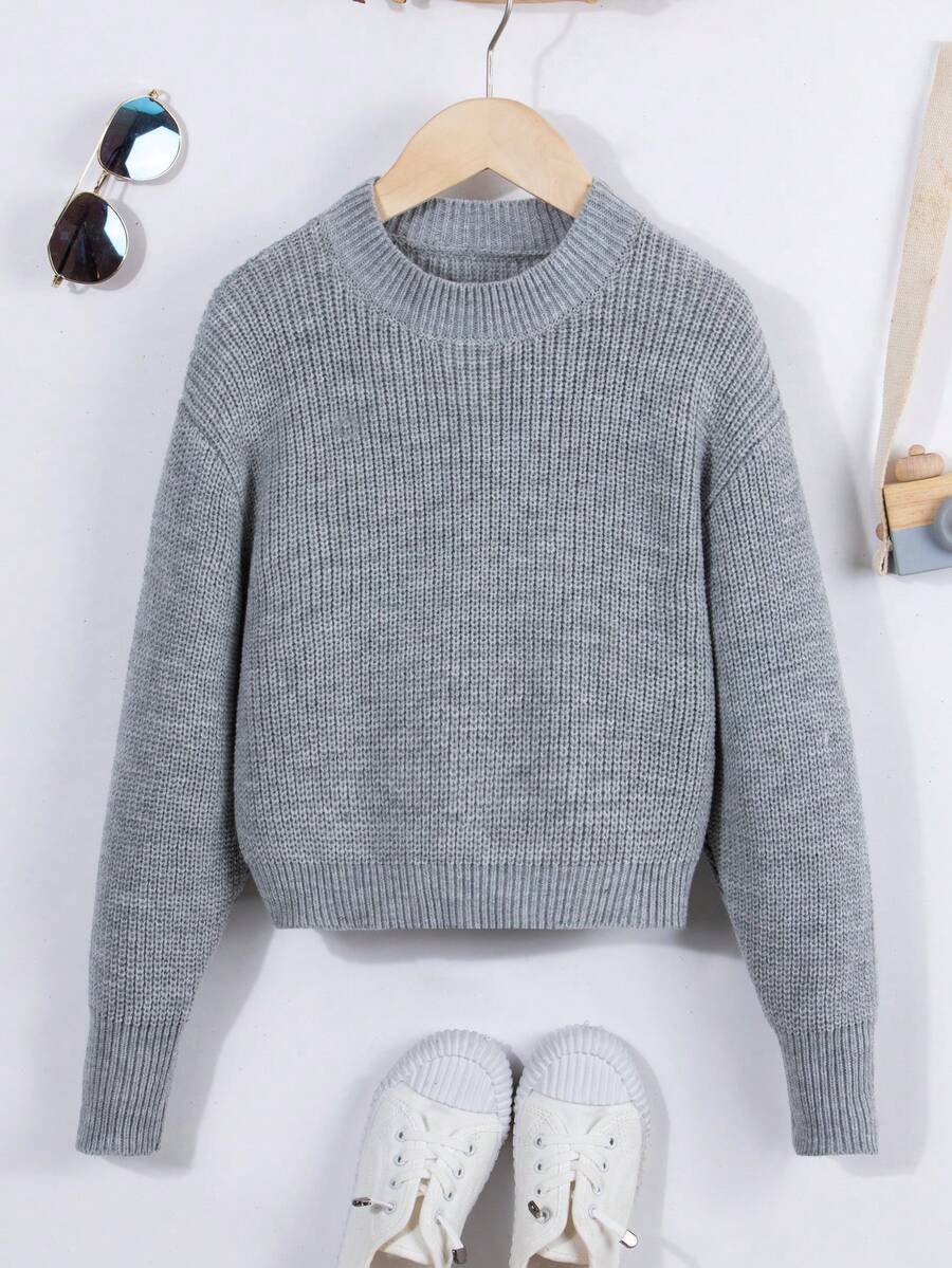 SHEIN Áo len dài tay màu trơn cho bé gái tuổi teen, kiểu dáng thường ngày dễ phối đồ. - Xám - Xem 1