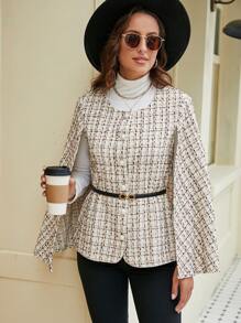 SHEIN Frenchy Fashionable Plaid Cape Woolen Coat - Apricot - View 3