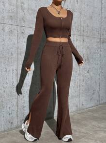 Flirla Women's Zipper Front Cardigan And Drawstring Waist Flare Leg Knit Pants 2 Piece Set - Coffee Brown - View 5