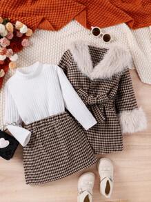 SHEIN Little Girls' Houndstooth Stand Collar Patchwork Dress And Coat Jacket Two Piece Set - Khaki - View 1