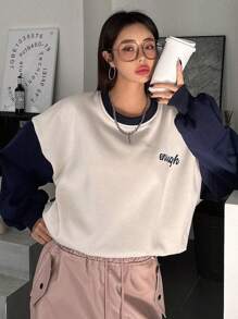 DAZY Color-block Letter Printed Drop Shoulder Sweatshirt - Navy Blue - View 6