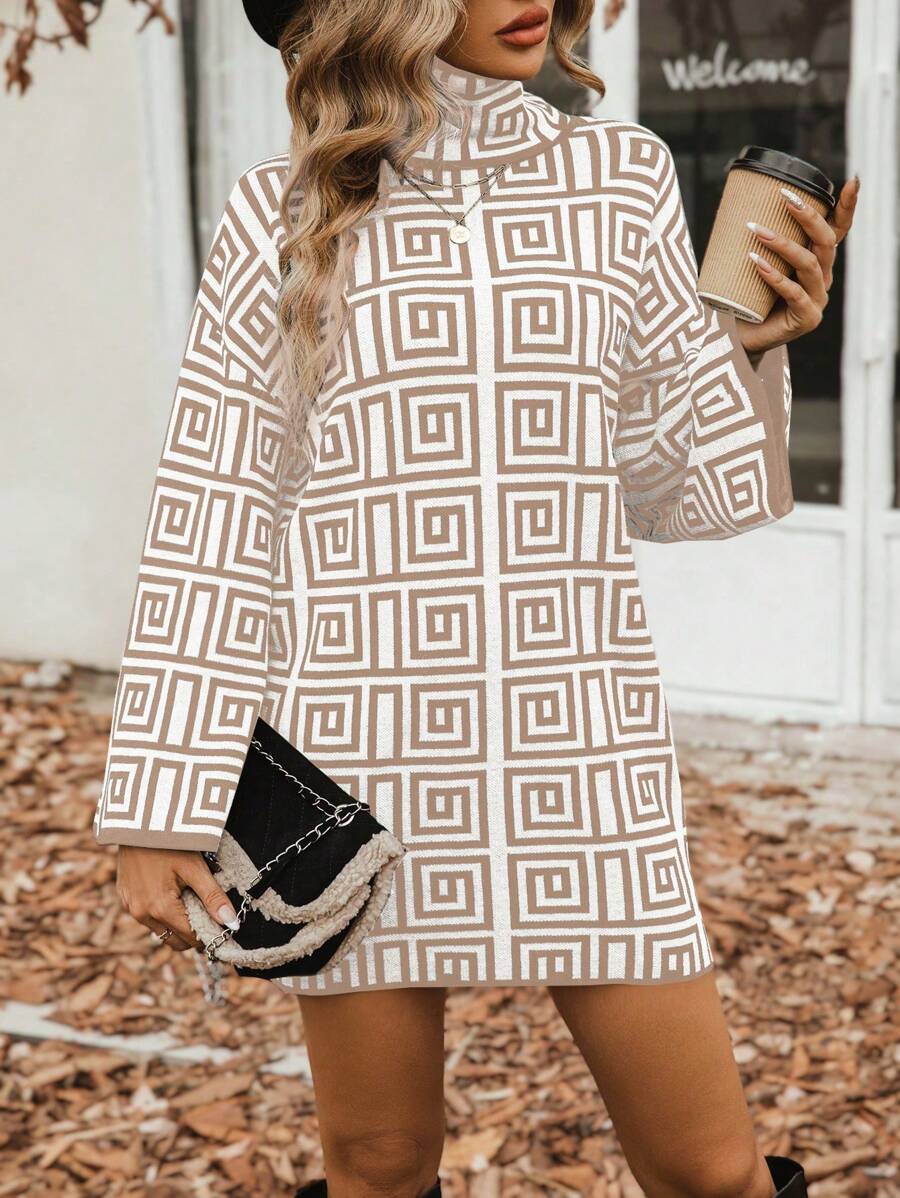 SHEIN LUNE 幾何印花高領落肩袖毛衣連衣裙 - 卡其色 - 查看 1