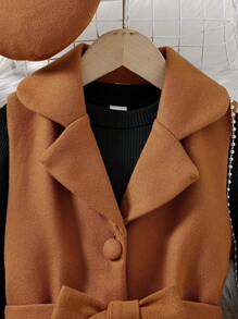 SHEIN 孩童女孩格紋領子、腰帶、背心、外套、長袖t卹、帽子配套裝 - 卡其色 - 查看 6