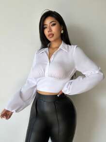 SHEIN Essnce 純色襯衫lantern袖設計 - 白色 - 查看 1