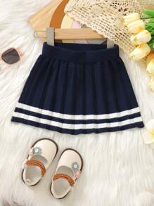 嬰兒女孩條紋邊褶皺針織裙 - 黑色 - 查看 1