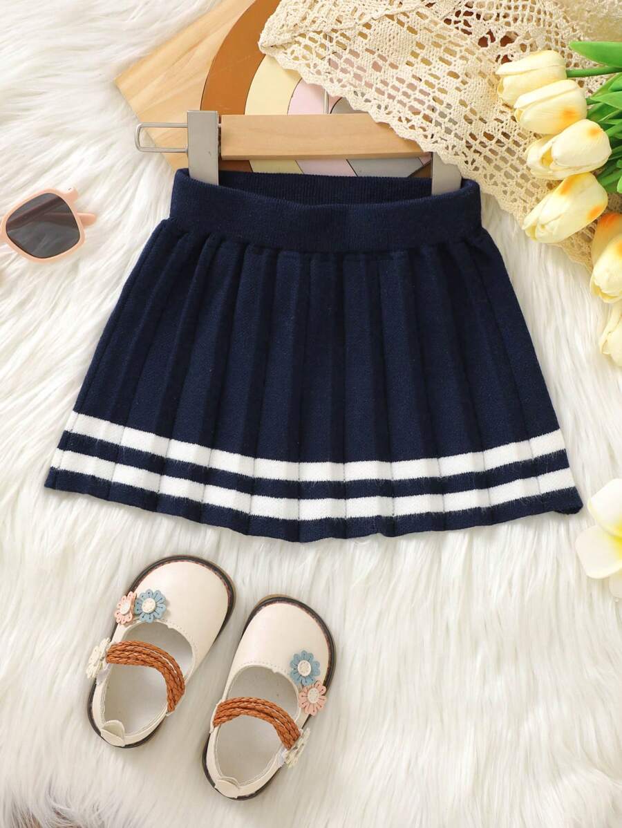 嬰兒女孩條紋邊褶皺針織裙 - 黑色 - 查看 1