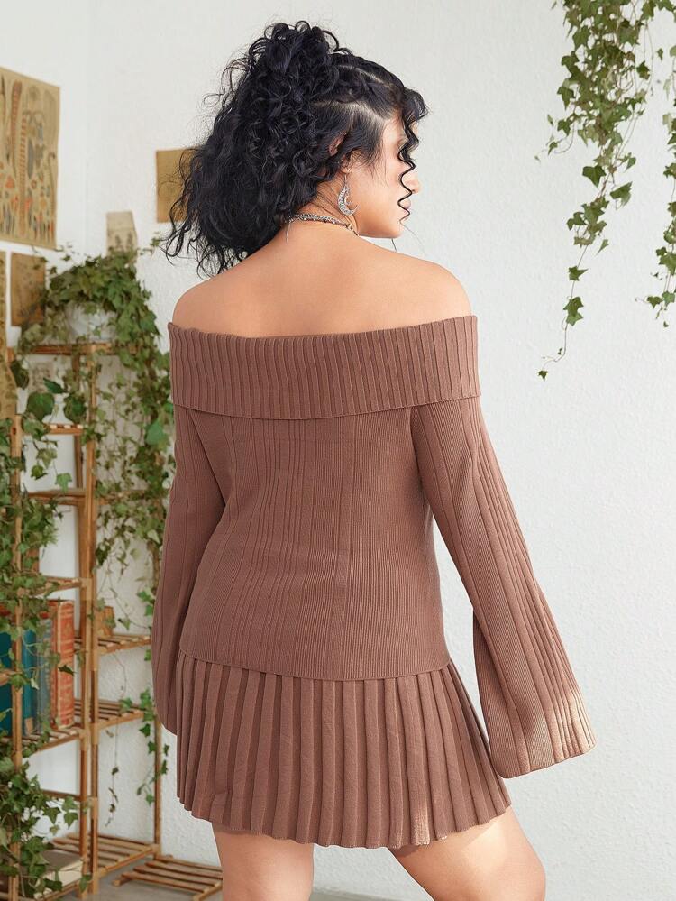 Women Plus Size Open Shoulder Solid Color Ruffle Hem Sweater