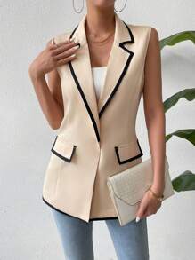 SHEIN Privé Của phụ nữ Tương phản Màu sắc Vòng cổ Mở Mặt trước Áo khoác Vest Áo khoác - Màu be - Xem 3