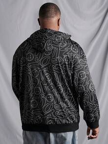SHEIN Manfinity Homme 男士大碼連帽衫,全印花圖案和拉繩 - 黑色 - 查看 2
