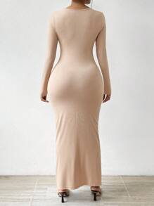 SHEIN Essnce Women's V-neck Slim Fit Button Front Slit Hem Dress - Apricot - View 2