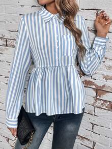SHEIN LUNE Half Placket Striped Shirt - Blue and White - View 3