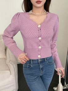 Dazy Star Ống tay áo Lưới Áo nịt đan Áo len - Hồng - Xem 2