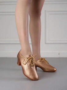 舞廳舞鞋適合女士超細纖維皮革帶呼吸洞跳舞鞋開叉鞋底繫帶舞蹈運動鞋 - 香檳色 - 查看 2