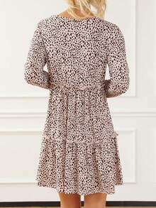 Vestido Largo De Manga Larga Con Cintura Plisada Y Estampado De Leopardo Con Volantes - Blanco - Ver 2