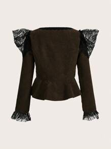 ROMWE PUNK Contrast Lace Flare Sleeve Jacket - Brown - View 2