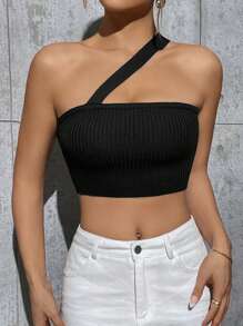 Flirla Women's Knitted One-shoulder Top - Black - View 3