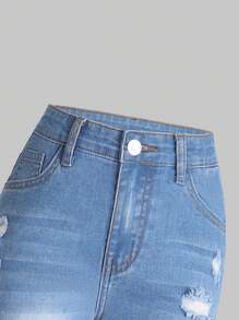 青少女新款破洞漂洗斜口袋牛仔褲 - 中等水洗藍 - 查看 4