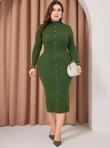 Modelyn Của phụ nữ Kích thước lớn Trân châu Trang trí Đứng cổ áo Đầm Áo len - xanh quân đội - Xem 5