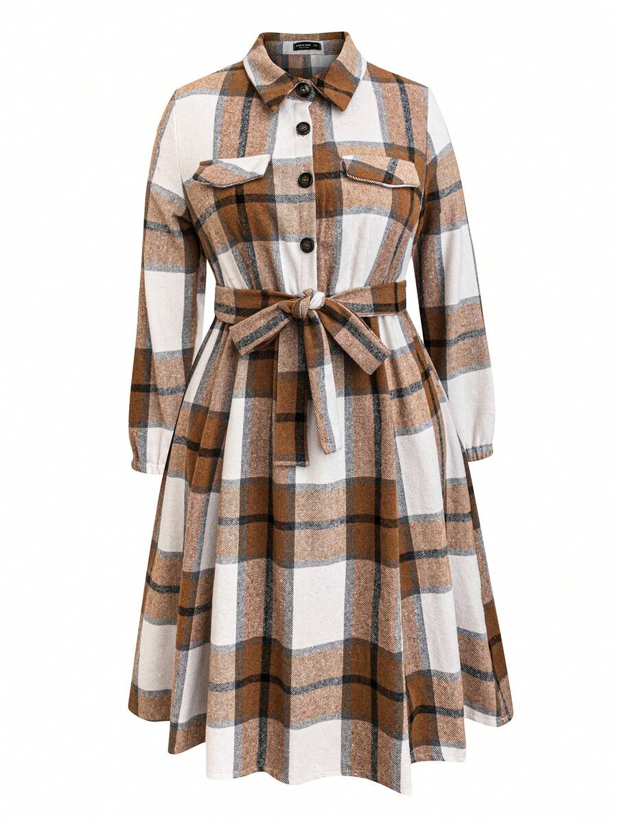 SHEIN Clasi Kích thước lớn Kẻ sọc Váy có thắt lưng Với Chi tiết về Flap - Màu Khaki - Xem 1