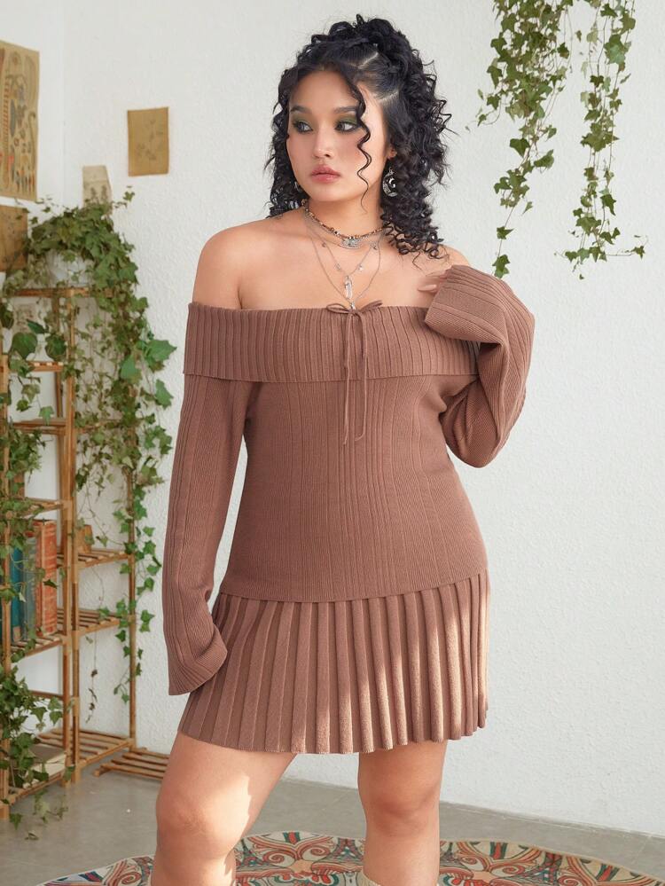 Women Plus Size Open Shoulder Solid Color Ruffle Hem Sweater