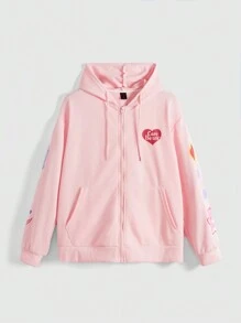 ROMWE X Care Bears Letter Heart Print Zip Front Hoodie - Pink - View 1