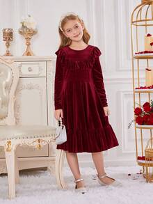 SHEIN 少女针织纯色天鹅绒连衣裙，带荷叶边和圆领 - 酒紅色 - 查看 4