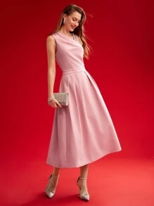 MOTF PREMIUM 编织女式不对称颈链细节褶皱连衣裙，情人节装 - 粉色 - 查看 5