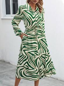 SHEIN LUNE Của phụ nữ Mô hình ngựa vằn Tay áo dài Váy sơ mi Với Thắt Lưng - màu xanh lá - Xem 4