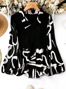 SHEIN Clasi 大尺碼女圖案印花翻領襯衫 - 黑色 - 查看 1