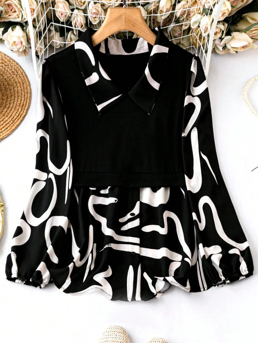 SHEIN Clasi 大尺碼女圖案印花翻領襯衫 - 黑色 - 查看 1