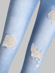 青少女新款破洞漂洗斜口袋牛仔褲 - 中等水洗藍 - 查看 5