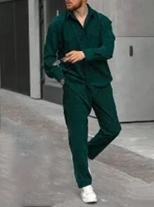 Manfinity Homme 男士翻領襯衫和褲子套裝 - 綠色 - 查看 2