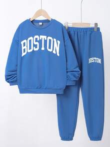 SHEIN 中大童男孩休閒夜光字母印花款圓領套頭衫搭配褲子針織二件套裝 - 霧霾藍 - 查看 6