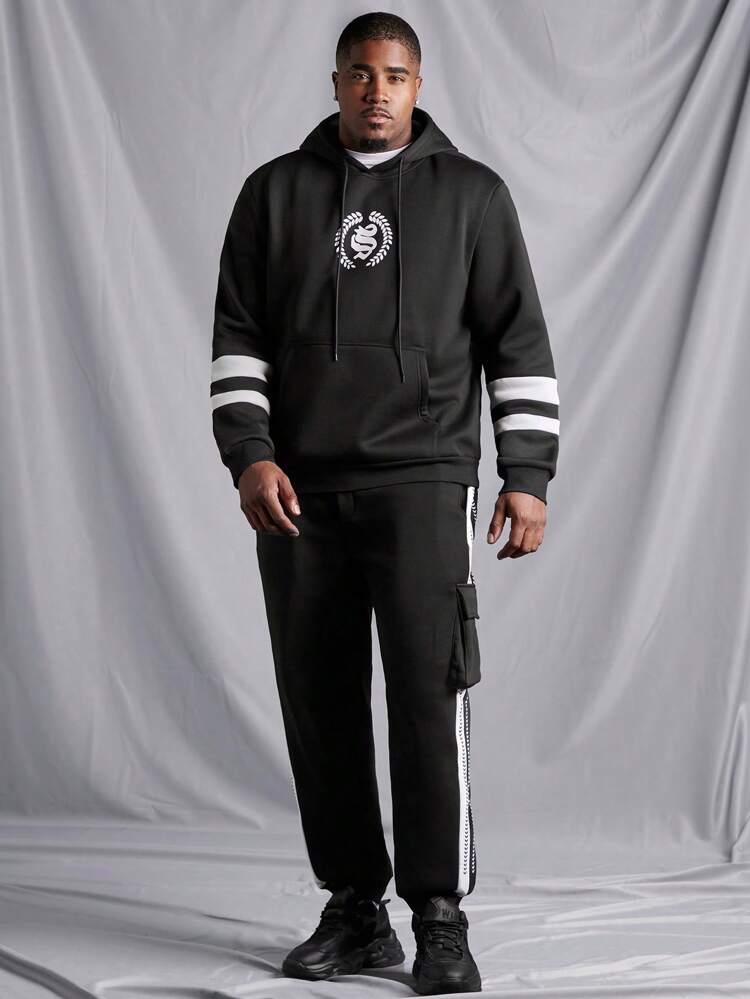 Men's Plus Size Pattern Printed Striped Hoodie And Sweatpants Two Piece Set