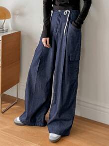 DAZY Drawstring Waist Cargo Wide Leg Denim Pants Baggy Jeans - Dark Wash - View 9