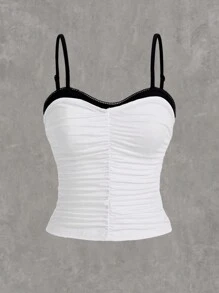 SHEIN EZwear Ladies Black And White Color Block Pleated Design Cami Top - White - View 6