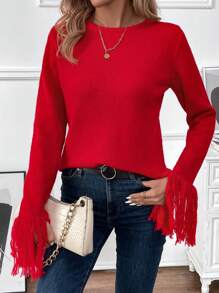 SHEIN LUNE Của phụ nữ Tua Cổ tay áo Áo len - Đỏ - Xem 3