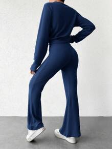 EURMUSE 棉质女士纯色长袖上衣和长裤 2 件/套 - 藏蓝色 - 查看 2