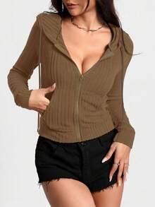 SHEIN Unity 女士拉鍊前開帽衫 - 摩卡棕 - 查看 5