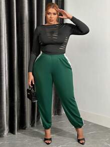 SHEIN SXY 加大碼對比色運動褲 - 墨綠色 - 查看 4