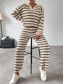 SHEIN Frenchy Women's Striped Drop Shoulder Sweater 2pcs/set - Apricot - View 3