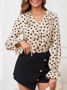 SHEIN Clasi Của phụ nữ In vết tròn Polka Cổ chữ V Ruffle Cạnh Trang trí Áo sơ mi - Nhiều màu - Xem 1