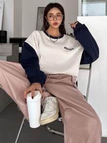 DAZY Color-block Letter Printed Drop Shoulder Sweatshirt - Navy Blue - View 2