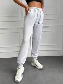 EURMUSE Đồ họa Chữ cái Eo dây rút Quần thể thao - Màu Xám nhạt - Xem 5