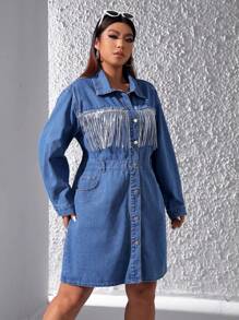 SHEIN ICON 大尺碼女性牛仔襯衫領連身裙,帶流蘇裝飾 - 中等水洗藍 - 查看 6